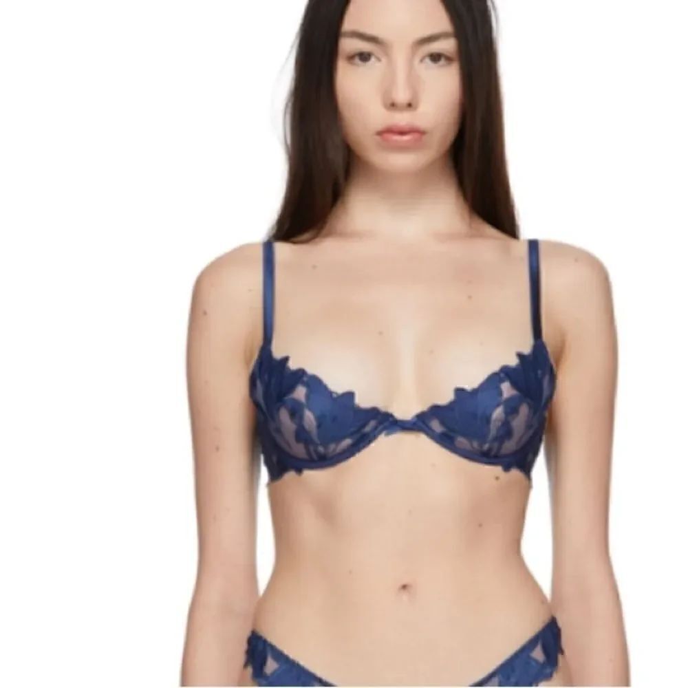 Seeville Embroidery Plunge Satin Demi Bra in Blue